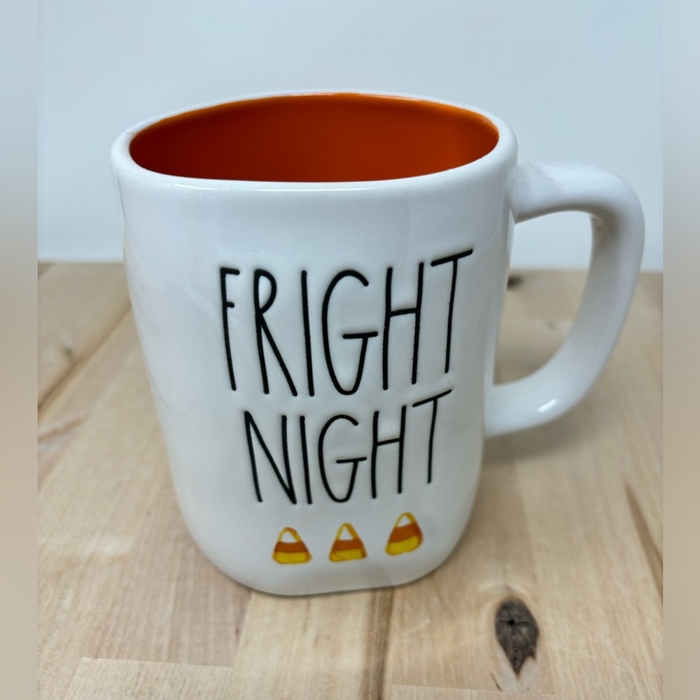 Rae Dunn FRIGHT NIGHT Mug White with Orange Interior and Black Lettering New